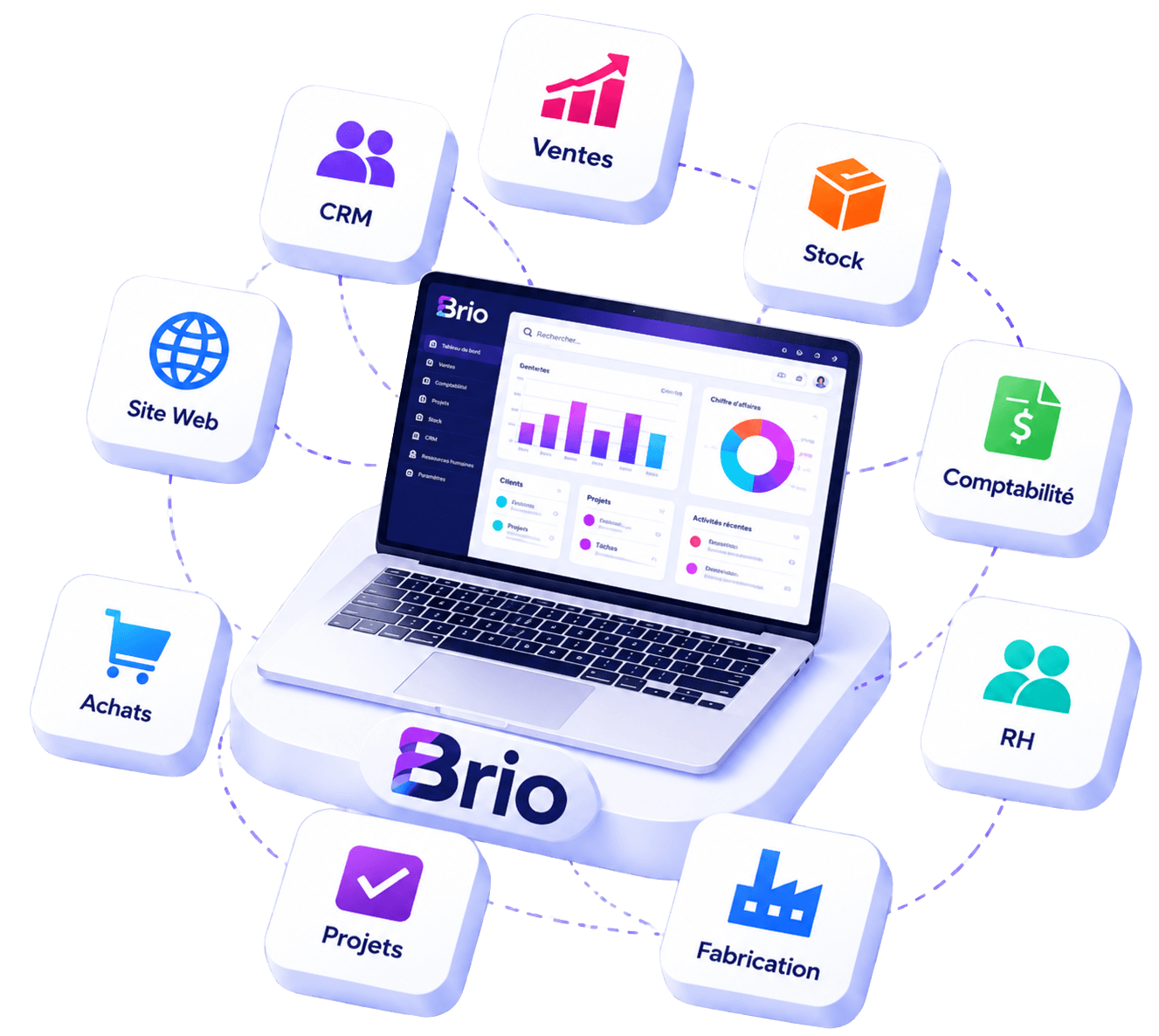 Brio réunit ventes, stock, CRM, comptabilité, RH, projets, fabrication, achats et site web